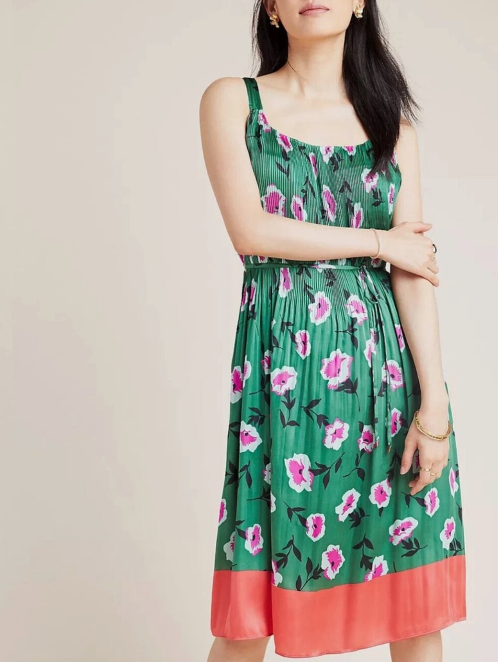 Anthropologie Mireille Green Floral Pleated Dress with Pink Accents